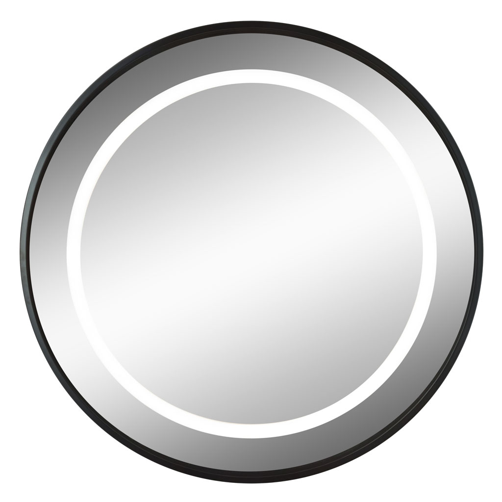 Круглое зеркало в черной раме с фронтальной подсветкой