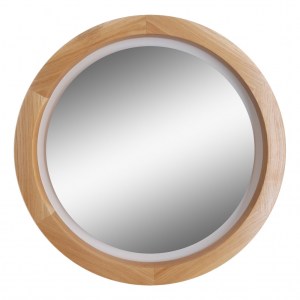 Круглое зеркало в деревянной раме из дуба в ванну с фронтальной подсветкой