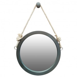 Круглое серое зеркало в раме из массива дуба на канате (веревке)