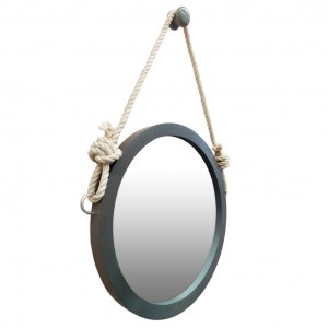 Круглое серое зеркало в раме из массива дуба на канате (веревке)