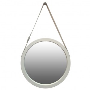 Круглое белое зеркало в раме на кожаном серебряном ремне