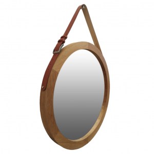 Круглое зеркало в дубовой раме на кожаном коричневом ремне